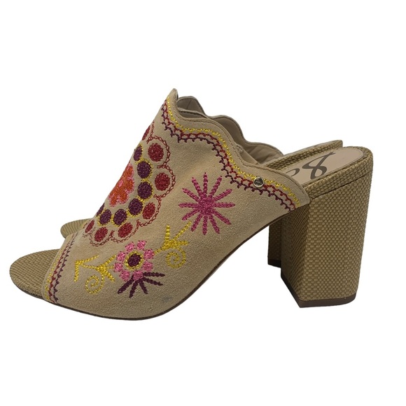 Sam Edelman Beige Boho Embroidered Floral Block Heel Mules Peep Toe “Olive” - Picture 6 of 15